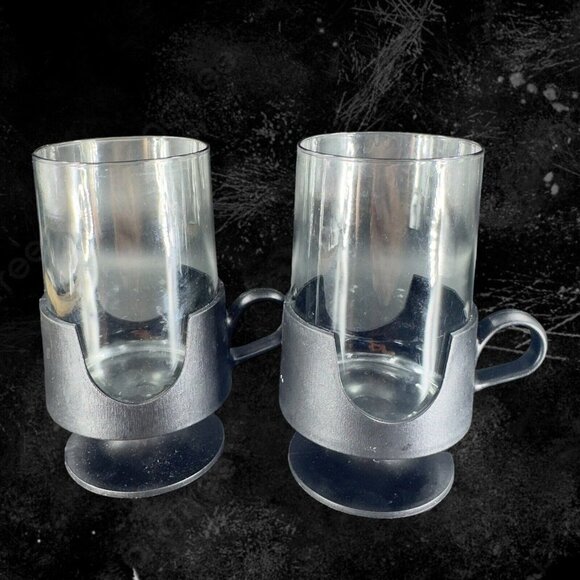 Corning Glas Snap Black Inserts Clear Glasses Vintage 1970s MCM Retro Set 2 - Picture 1 of 13